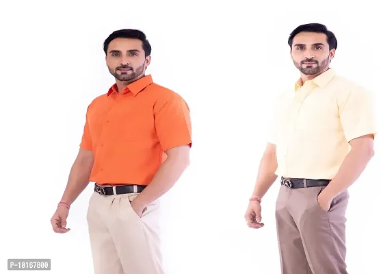 DESHBANDHU DBK Men's Plain Solid Cotton Regular Fit Half Sleeves Formal Shirt's Combo (Pack of 2) (42, Orange-Sand)-thumb2