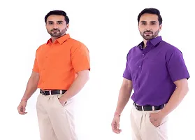 DESHBANDHU DBK Men's Plain Solid Cotton Regular Fit Half Sleeves Formal Shirt's Combo (Pack of 2) (40, Orange-Purple)-thumb2