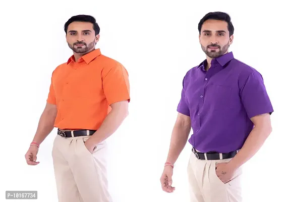 DESHBANDHU DBK Men's Plain Solid Cotton Regular Fit Half Sleeves Formal Shirt's Combo (Pack of 2) (40, Orange-Purple)-thumb3