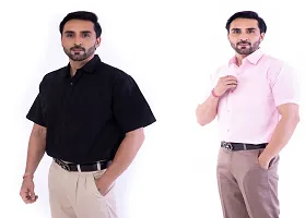 DESHBANDHU DBK Men's Plain Solid 100% Cotton Half Sleeves Regular Fit Formal Shirt's Combo (Pack of 2) (40, Black - Pink)-thumb2