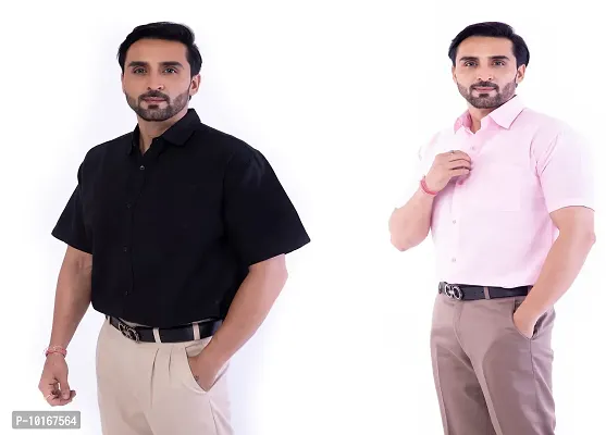 DESHBANDHU DBK Men's Plain Solid 100% Cotton Half Sleeves Regular Fit Formal Shirt's Combo (Pack of 2) (40, Black - Pink)-thumb3