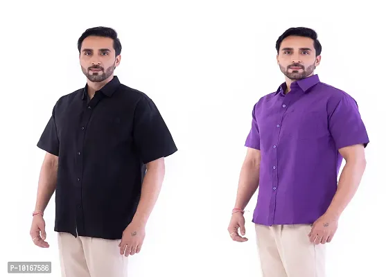 DESHBANDHU DBK Men's Plain Solid 100% Cotton Half Sleeves Regular Fit Formal Shirt's Combo (Pack of 2) (40, Black - Purple)-thumb3