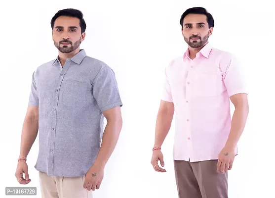 DESHBANDHU DBK Men's Cotton Solid Regular Fit Half Sleeve Combo Shirts (Pack of 2) (44, Grey_Pink)-thumb2