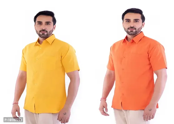 DESHBANDHU DBK Men's Plain Solid Cotton Half Sleeves Regular Fit Formal Shirt's Combo (Pack of 2) (42, Mustard_Orange)-thumb2