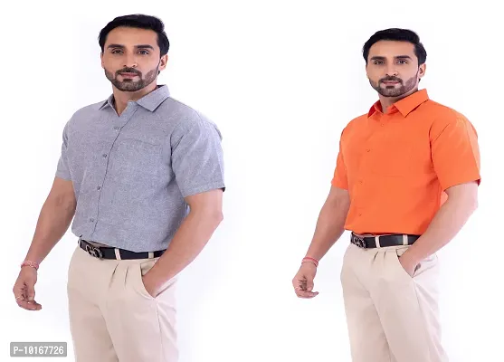 DESHBANDHU DBK Men's Cotton Solid Regular Fit Half Sleeve Combo Shirts (Pack of 2) (44, Grey_Orange)-thumb3