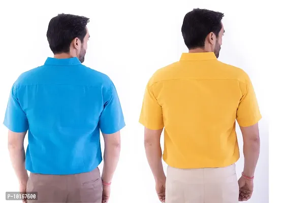 DESHBANDHU DBK Men's Plain Solid Cotton Half Sleeves Regular Fit Formal Shirt's (Pack of 2) (44, FIROZI - Mustard)-thumb2