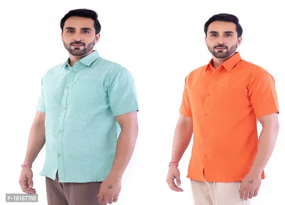 DESHBANDHU DBK Men's Plain Solid Cotton Half Sleeves Regular Fit Formal Shirt's Combo (42, Green - Orange)-thumb3