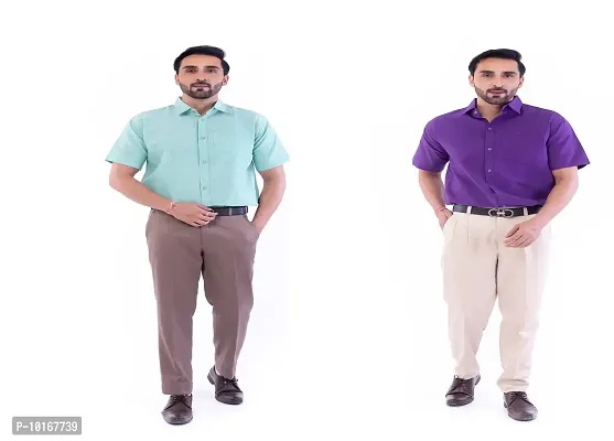 DESHBANDHU DBK Men's Plain Solid Cotton Half Sleeves Regular Fit Formal Shirt's Combo (44, Green - Purple)-thumb0