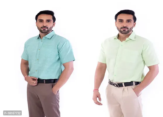 DESHBANDHU DBK Men's Plain Solid Cotton Half Sleeves Regular Fit Formal Shirt's Combo (44, Green - Parrot)-thumb4