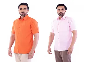 DESHBANDHU DBK Men's Plain Solid Cotton Regular Fit Half Sleeves Formal Shirt's Combo (Pack of 2) (40, Orange-Pink)-thumb1