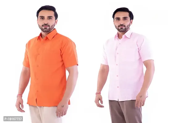 DESHBANDHU DBK Men's Plain Solid Cotton Regular Fit Half Sleeves Formal Shirt's Combo (Pack of 2) (40, Orange-Pink)-thumb2