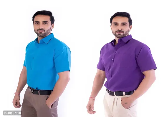 DESHBANDHU DBK Men's Plain Solid Cotton Half Sleeves Regular Fit Formal Shirt's (Pack of 2) (42, FIROZI - Purple)-thumb3
