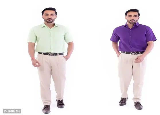 DESHBANDHU DBK Men's Plain Solid Cotton Half Sleeves Regular Fit Formal Shirt's Combo (40, Parrot_Purple)
