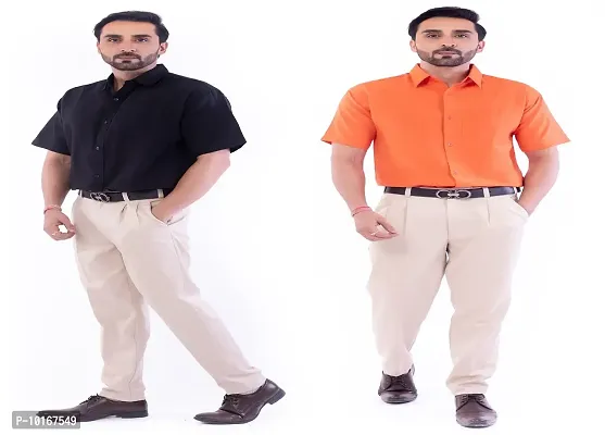 DESHBANDHU DBK Men's Plain Solid 100% Cotton Half Sleeves Regular Fit Formal Shirt's Combo (Pack of 2) (44, Black - Orange)