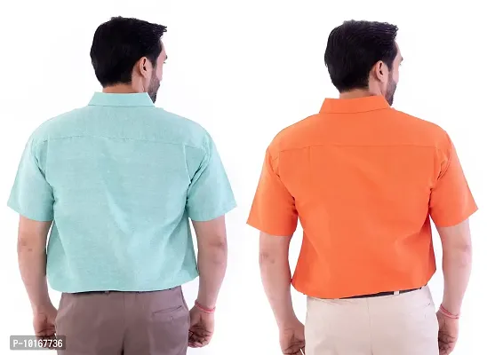 DESHBANDHU DBK Men's Plain Solid Cotton Half Sleeves Regular Fit Formal Shirt's Combo (44, Green - Pink)-thumb2