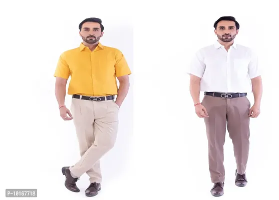 DESHBANDHU DBK Men's Plain Solid Cotton Half Sleeves Regular Fit Formal Shirt's Combo (Pack of 2) (40, Mustard_White)-thumb0