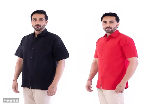 DESHBANDHU DBK Men's Plain Solid 100% Cotton Half Sleeves Regular Fit Formal Shirt's Combo (Pack of 2) (44, Black - RED)-thumb2