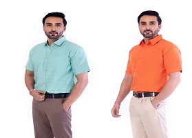 DESHBANDHU DBK Men's Plain Solid Cotton Half Sleeves Regular Fit Formal Shirt's Combo (44, Green - Pink)-thumb3