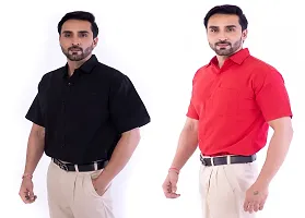 DESHBANDHU DBK Men's Plain Solid 100% Cotton Half Sleeves Regular Fit Formal Shirt's Combo (Pack of 2) (44, Black - RED)-thumb2