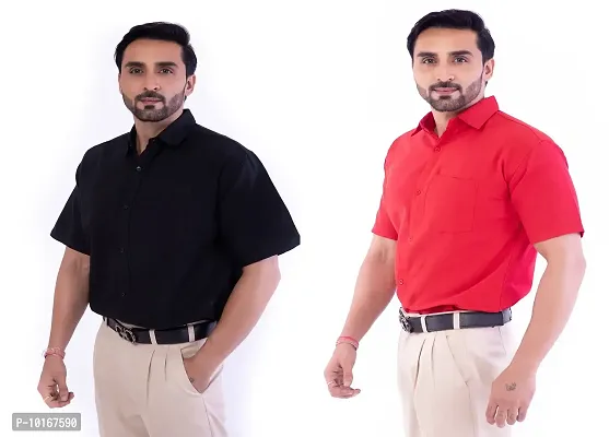 DESHBANDHU DBK Men's Plain Solid 100% Cotton Half Sleeves Regular Fit Formal Shirt's Combo (Pack of 2) (44, Black - RED)-thumb3