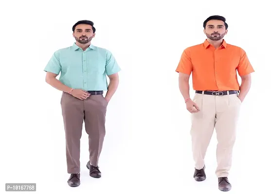 DESHBANDHU DBK Men's Plain Solid Cotton Half Sleeves Regular Fit Formal Shirt's Combo (42, Green - Orange)-thumb0