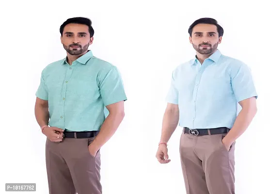 DESHBANDHU DBK Men's Plain Solid Cotton Half Sleeves Regular Fit Formal Shirt's Combo (44, Green - Sky)-thumb3