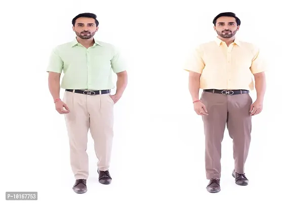 DESHBANDHU DBK Men's Plain Solid Cotton Half Sleeves Regular Fit Formal Shirt's Combo (42, Parrot_Sand)-thumb0