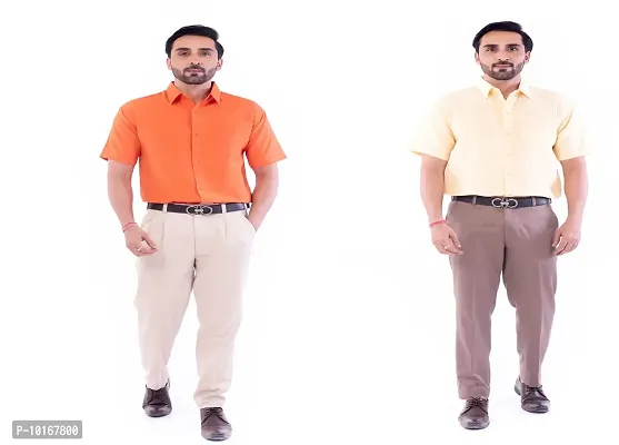 DESHBANDHU DBK Men's Plain Solid Cotton Regular Fit Half Sleeves Formal Shirt's Combo (Pack of 2) (42, Orange-Sand)-thumb0