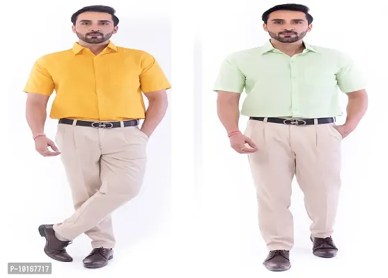 DESHBANDHU DBK Men's Plain Solid Cotton Half Sleeves Regular Fit Formal Shirt's Combo (Pack of 2) (42, Mustard_Parrot)