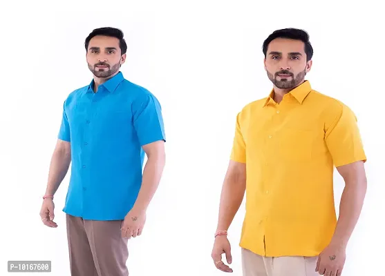 DESHBANDHU DBK Men's Plain Solid Cotton Half Sleeves Regular Fit Formal Shirt's (Pack of 2) (44, FIROZI - Mustard)-thumb4