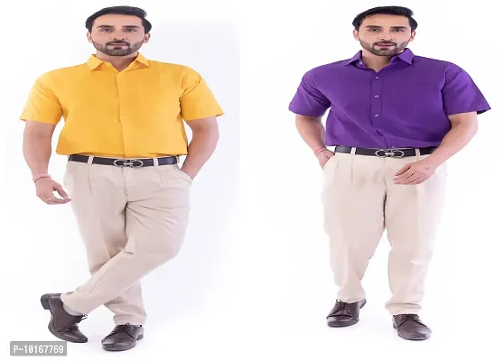 DESHBANDHU DBK Men's Plain Solid Cotton Half Sleeves Regular Fit Formal Shirt's Combo (Pack of 2) (40, Mustard_Purple)-thumb0