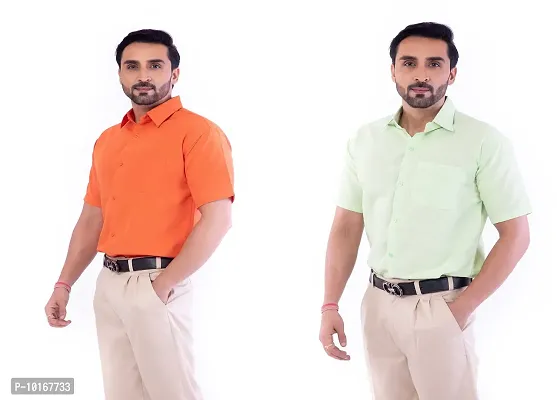 DESHBANDHU DBK Men's Plain Solid Cotton Regular Fit Half Sleeves Formal Shirt's Combo (Pack of 2) (42, Orange-Parrot)-thumb3
