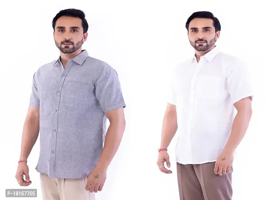 DESHBANDHU DBK Men's Cotton Solid Regular Fit Half Sleeve Combo Shirts (Pack of 2) (42, Grey_White)-thumb2