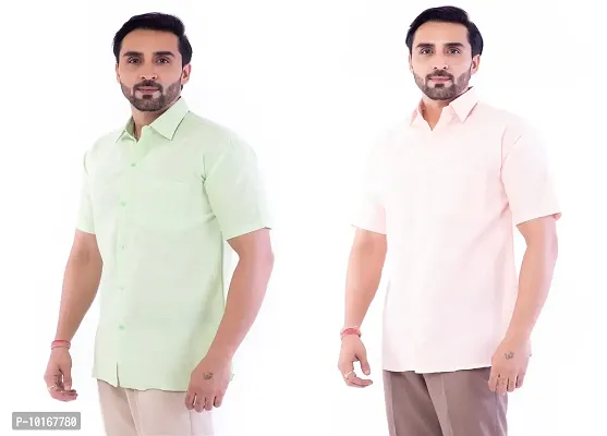 DESHBANDHU DBK Men's Plain Solid Cotton Half Sleeves Regular Fit Formal Shirt's Combo (40, Parrot_Peach)-thumb2