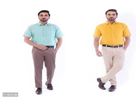 DESHBANDHU DBK Men's Plain Solid Cotton Half Sleeves Regular Fit Formal Shirt's Combo (42, Green - Mustard)-thumb0