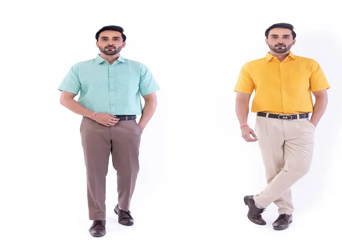 DESHBANDHU DBK Men's Plain Solid Cotton Half Sleeves Regular Fit Formal Shirt's Combo (42, Green - Mustard)