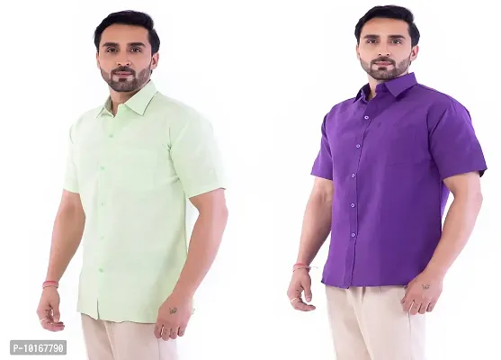DESHBANDHU DBK Men's Plain Solid Cotton Half Sleeves Regular Fit Formal Shirt's Combo (40, Parrot_Purple)-thumb2