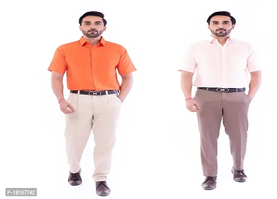 DESHBANDHU DBK Men's Plain Solid Cotton Regular Fit Half Sleeves Formal Shirt's Combo (Pack of 2) (42, Orange-Peach)-thumb0