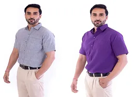 DESHBANDHU DBK Men's Cotton Solid Regular Fit Half Sleeve Combo Shirts (Pack of 2) (42, Grey_Purple)-thumb2
