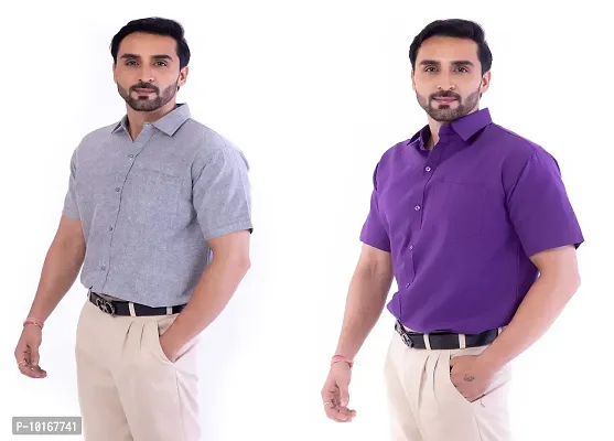 DESHBANDHU DBK Men's Cotton Solid Regular Fit Half Sleeve Combo Shirts (Pack of 2) (42, Grey_Purple)-thumb3