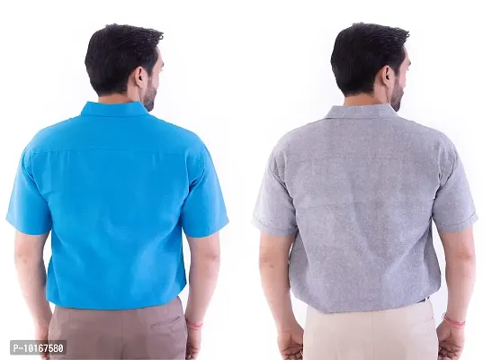 DESHBANDHU DBK Men's Plain Solid Cotton Half Sleeves Regular Fit Formal Shirt's (Pack of 2) (40, FIROZI - Grey)-thumb2