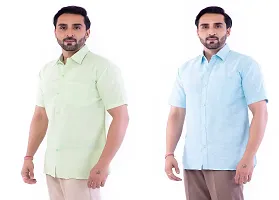 DESHBANDHU DBK Men's Plain Solid Cotton Half Sleeves Regular Fit Formal Shirt's Combo (42, Parrot_Sky)-thumb1