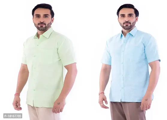 DESHBANDHU DBK Men's Plain Solid Cotton Half Sleeves Regular Fit Formal Shirt's Combo (42, Parrot_Sky)-thumb2