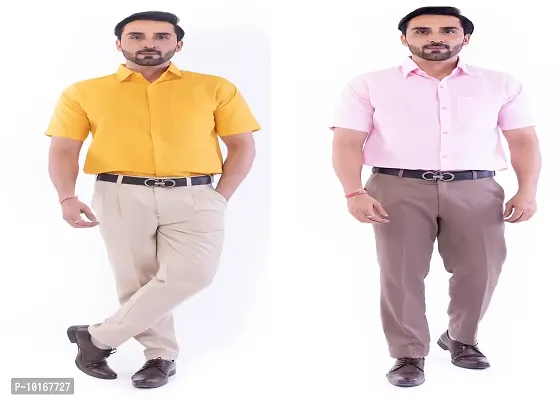DESHBANDHU DBK Men's Plain Solid Cotton Half Sleeves Regular Fit Formal Shirt's Combo (Pack of 2) (40, Mustard_Pink)