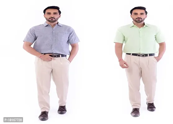 DESHBANDHU DBK Men's Cotton Solid Regular Fit Half Sleeve Combo Shirts (Pack of 2) (42, Grey_Parrot)