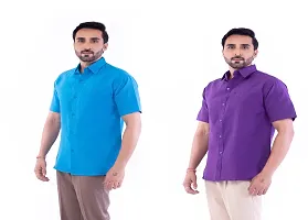 DESHBANDHU DBK Men's Plain Solid Cotton Half Sleeves Regular Fit Formal Shirt's (Pack of 2) (42, FIROZI - Purple)-thumb1