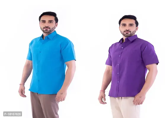DESHBANDHU DBK Men's Plain Solid Cotton Half Sleeves Regular Fit Formal Shirt's (Pack of 2) (42, FIROZI - Purple)-thumb2
