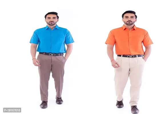DESHBANDHU DBK Men's Plain Solid Cotton Half Sleeves Regular Fit Formal Shirt's (Pack of 2) (42, FIROZI - Orange)