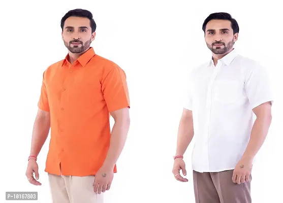DESHBANDHU DBK Men's Plain Solid Cotton Regular Fit Half Sleeves Formal Shirt's Combo (Pack of 2) (42, Orange-White)-thumb2