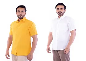 DESHBANDHU DBK Men's Plain Solid Cotton Half Sleeves Regular Fit Formal Shirt's Combo (Pack of 2) (40, Mustard_White)-thumb1